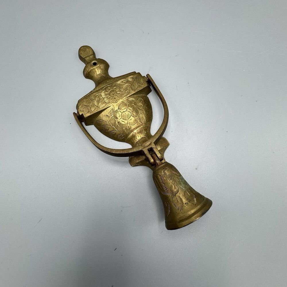 Vtg Brass Door Knocker with Bell Etched Floral Design Patina Cottagecore READ